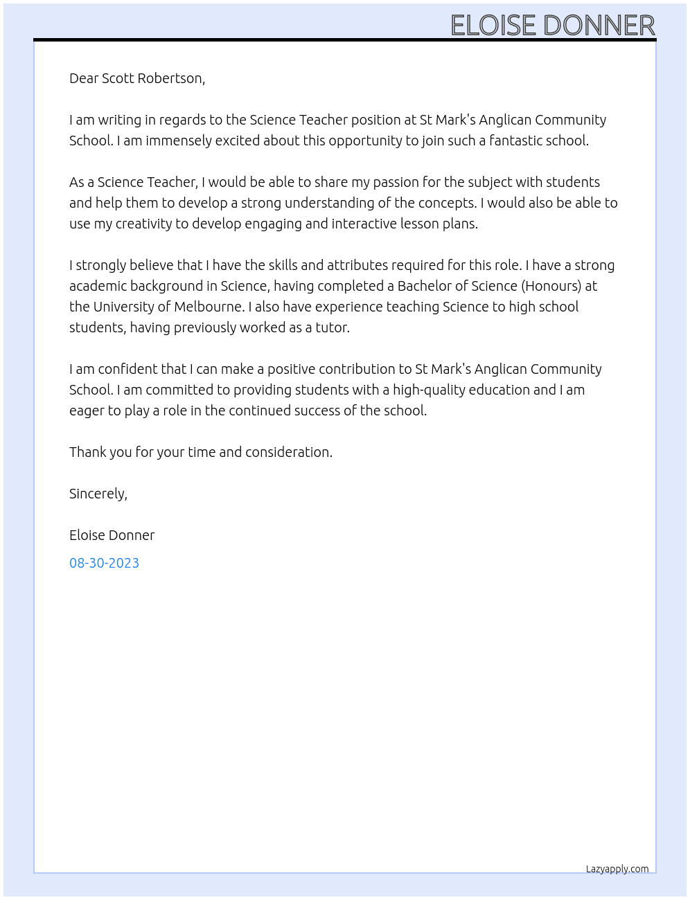 Science Teacher At St Mark's Anglican Community School Cover Letter