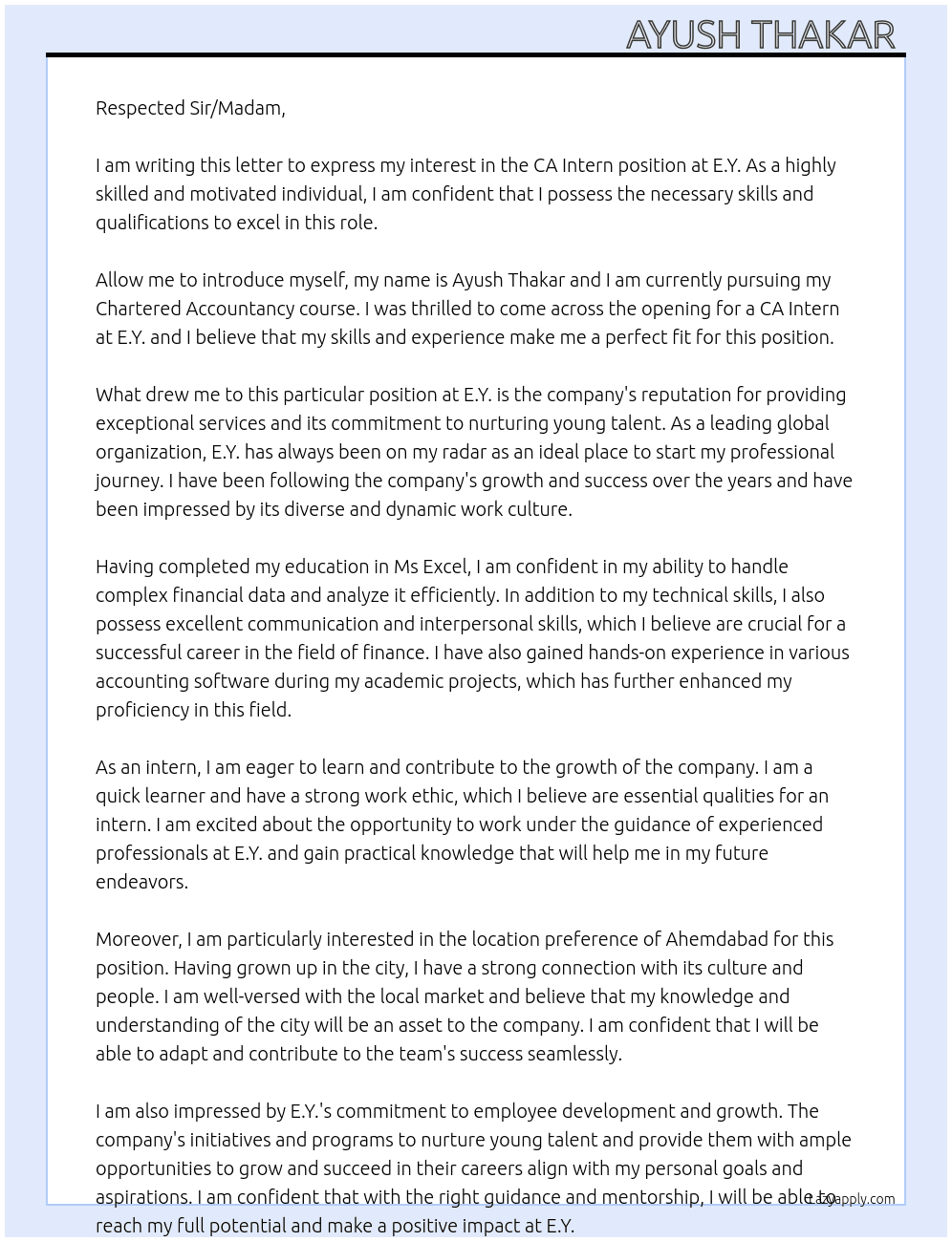 CA INTERN  At E.Y. Cover Letter