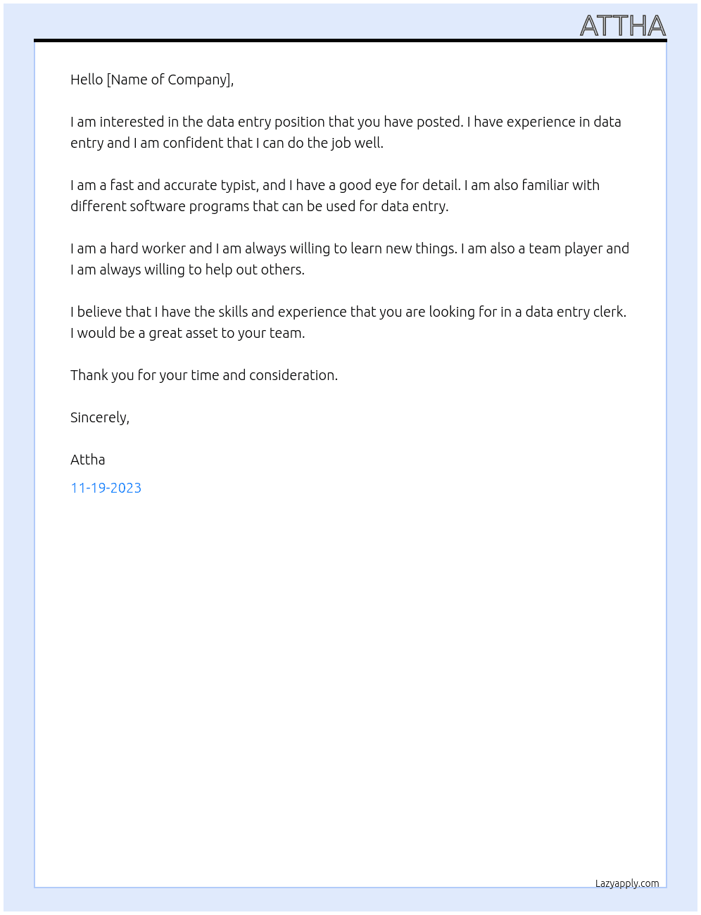 Data entry At this project Cover Letter