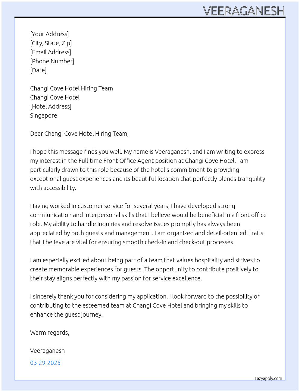 Front Office Agent At Changi Cove Hotel Cover Letter