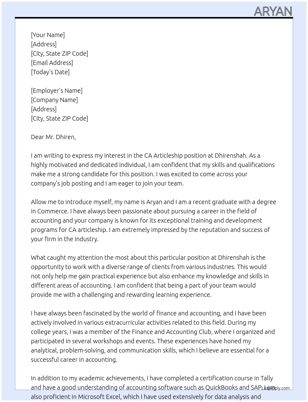 ca articleship At dhirenshah Cover Letter