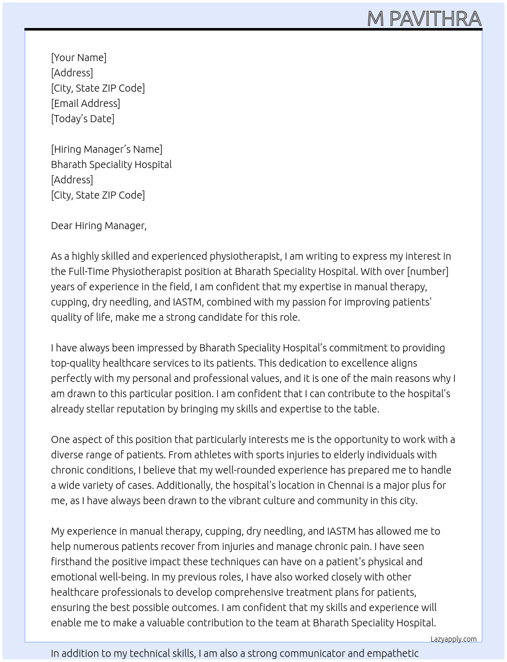 Physiotherapist  At Bharath Speciality Hospital Cover Letter
