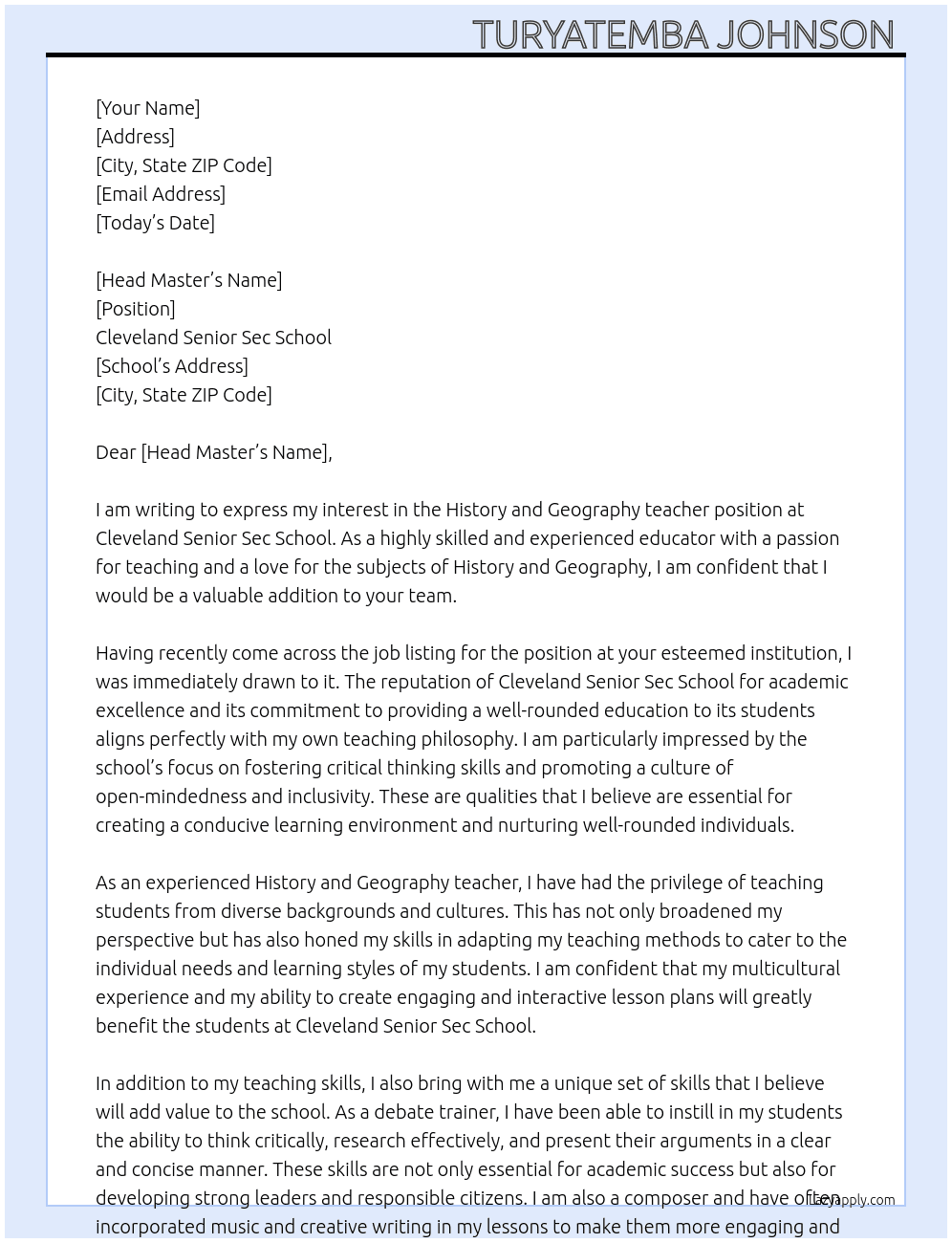 History and Geography teacher At Cleveland Senior sec school  Cover Letter
