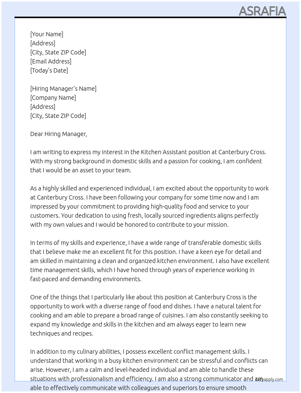 Kitchen Assistant At Canterbury Cross Cover Letter