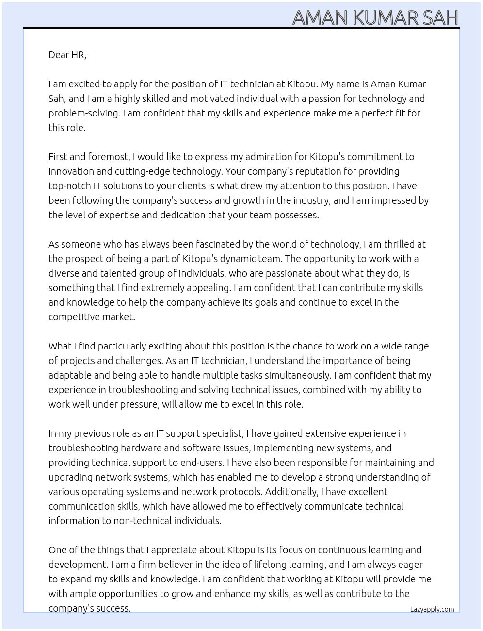 IT technician  At Kitopu Cover Letter