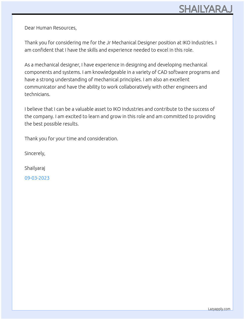 Jr Mechanical Designer At IKO Industries Cover Letter