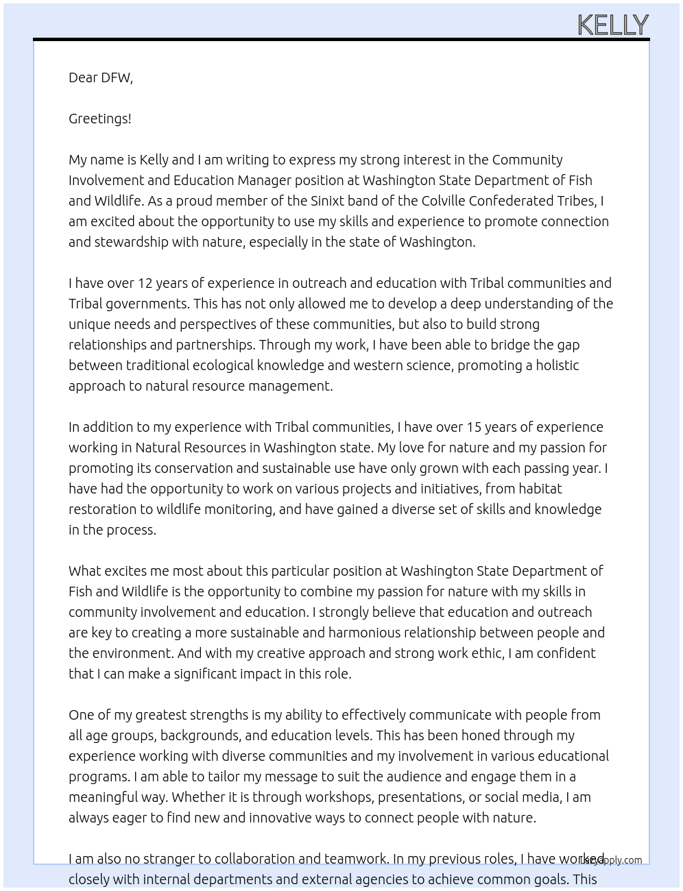 Community Involvement and Education Manager At Washington State Department of Fish and Wildlife Cover Letter
