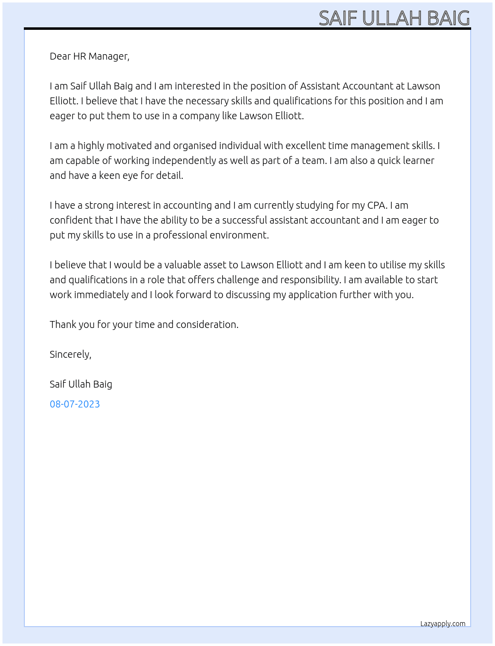 Assistant Accountant At lawson elliott Cover Letter