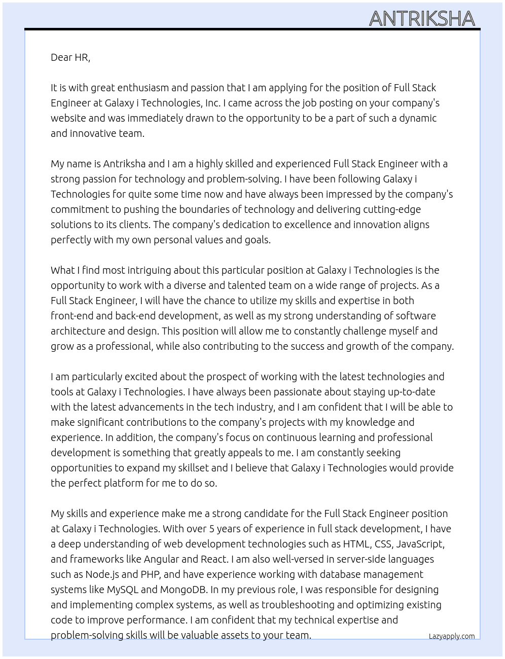 Full Stack Engineer At Galaxy i Technologies, Inc. Cover Letter