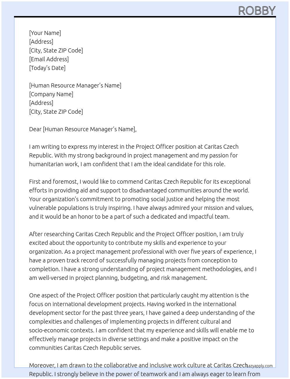 project officer At Caritas Czech Republic Cover Letter