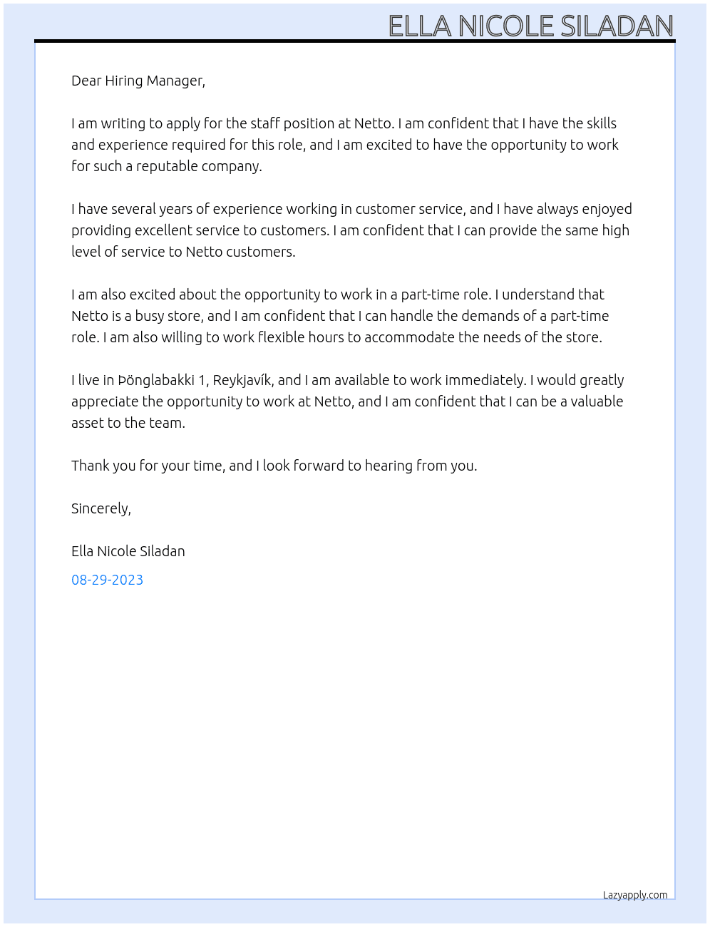 Staff At Netto Cover Letter