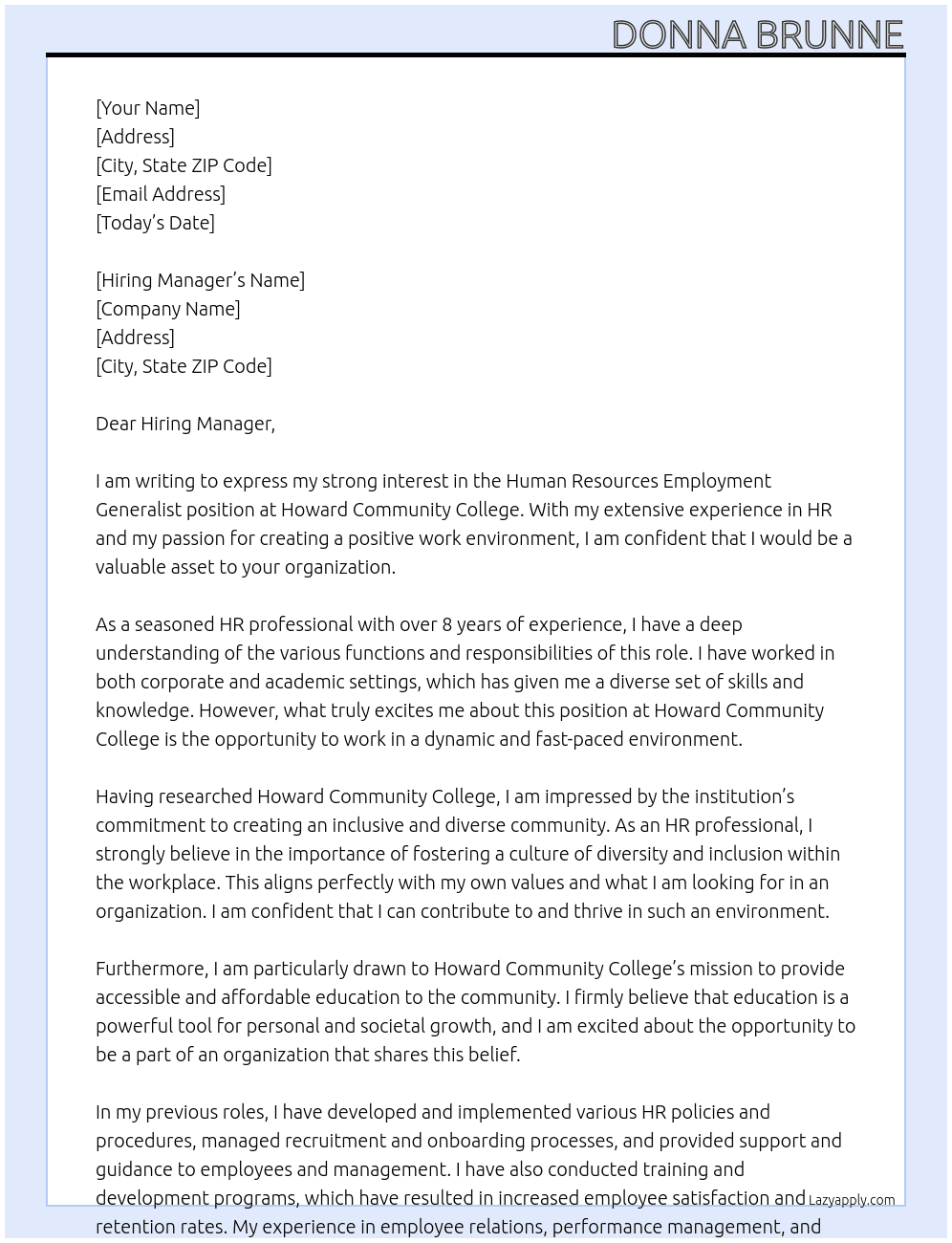 Human Resources Employment Generalist At Howard Community College Cover Letter