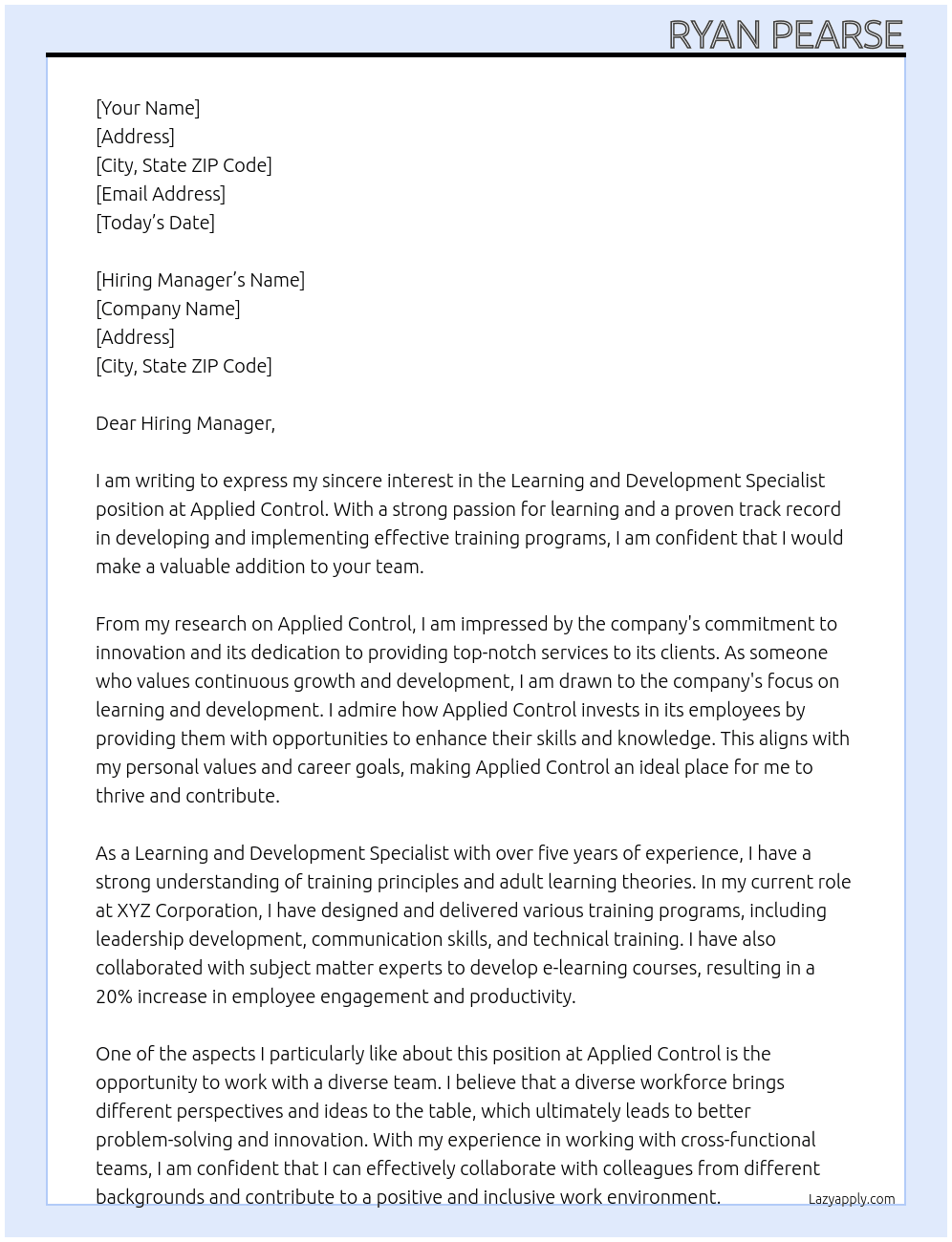 Learning and Development Specialist At Applied Control  Cover Letter