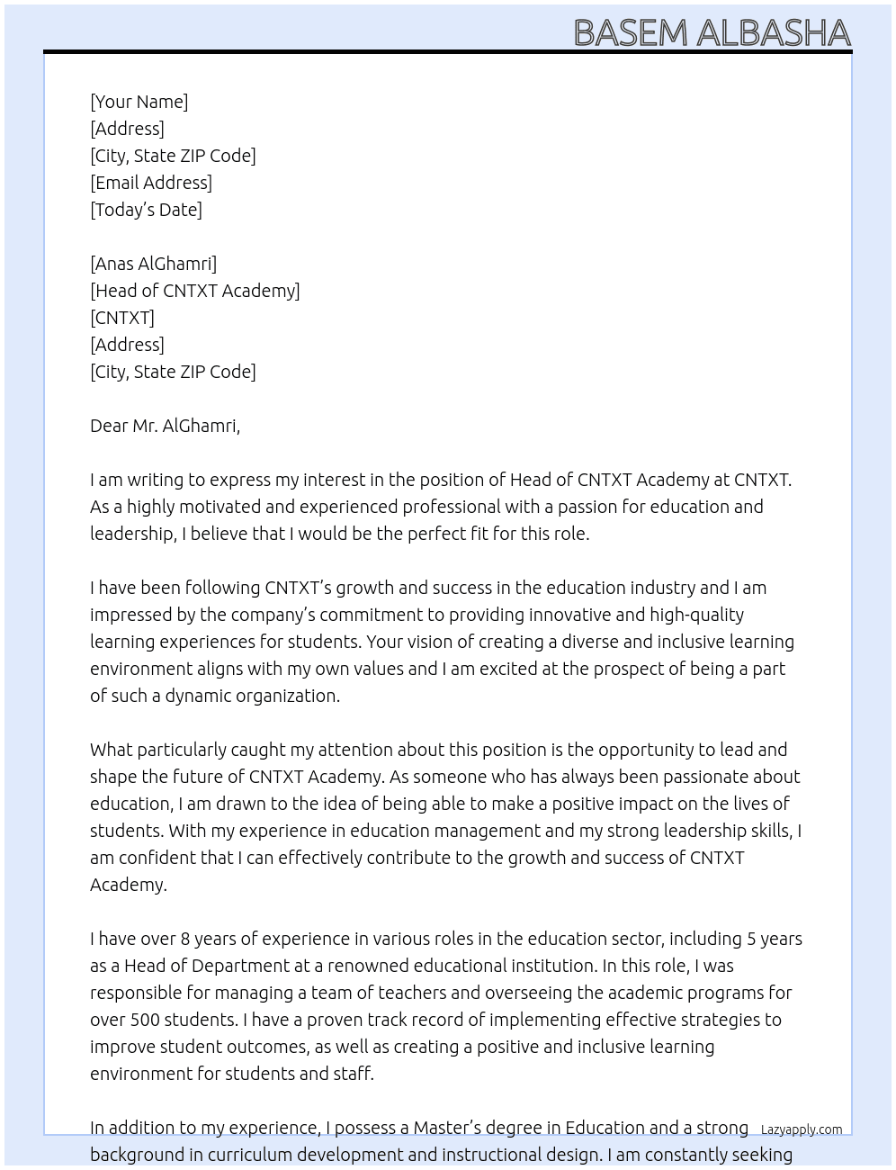 Head of CNTXT Academy At CNTXT Cover Letter