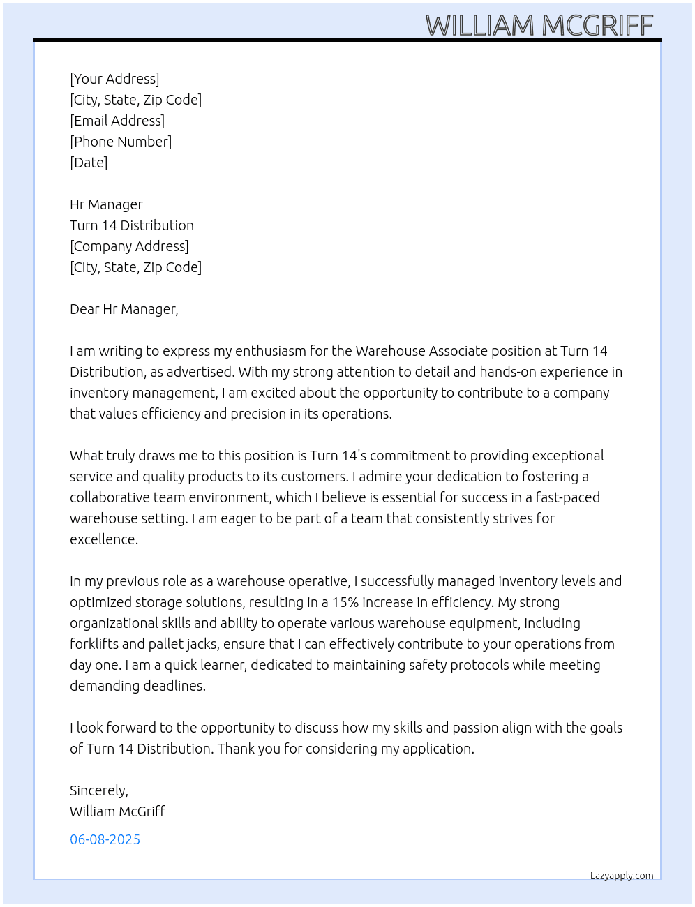 Warehouse Associate  At Turn 14 Distribution Cover Letter