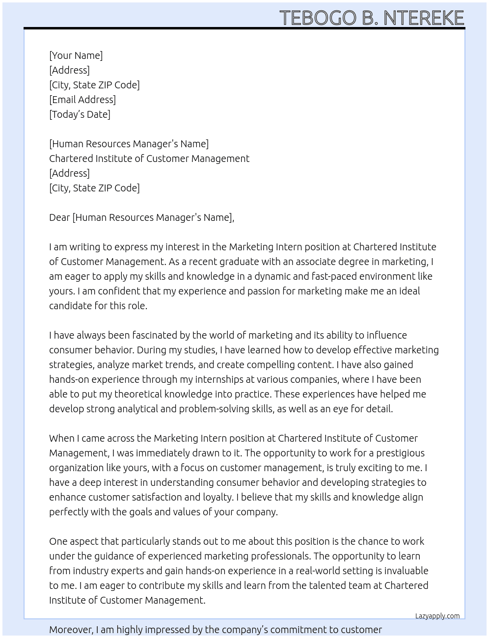 Marketing Intern At Chartered Institute of Customer Management Cover Letter