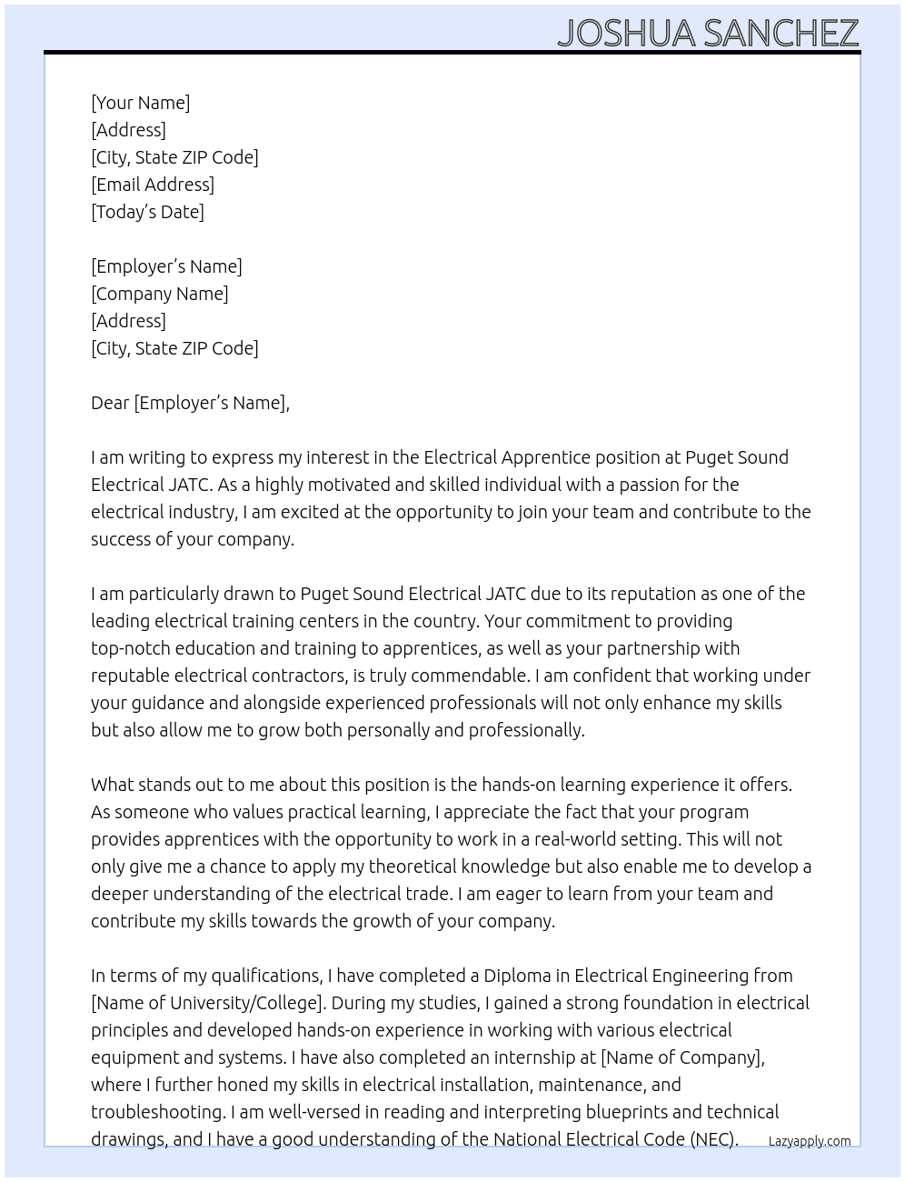 Electrical Apprentice At Puget Sound Electrical JATC Cover Letter