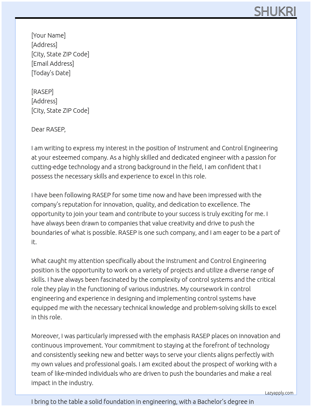 instrument and control engineering At RASEP Cover Letter