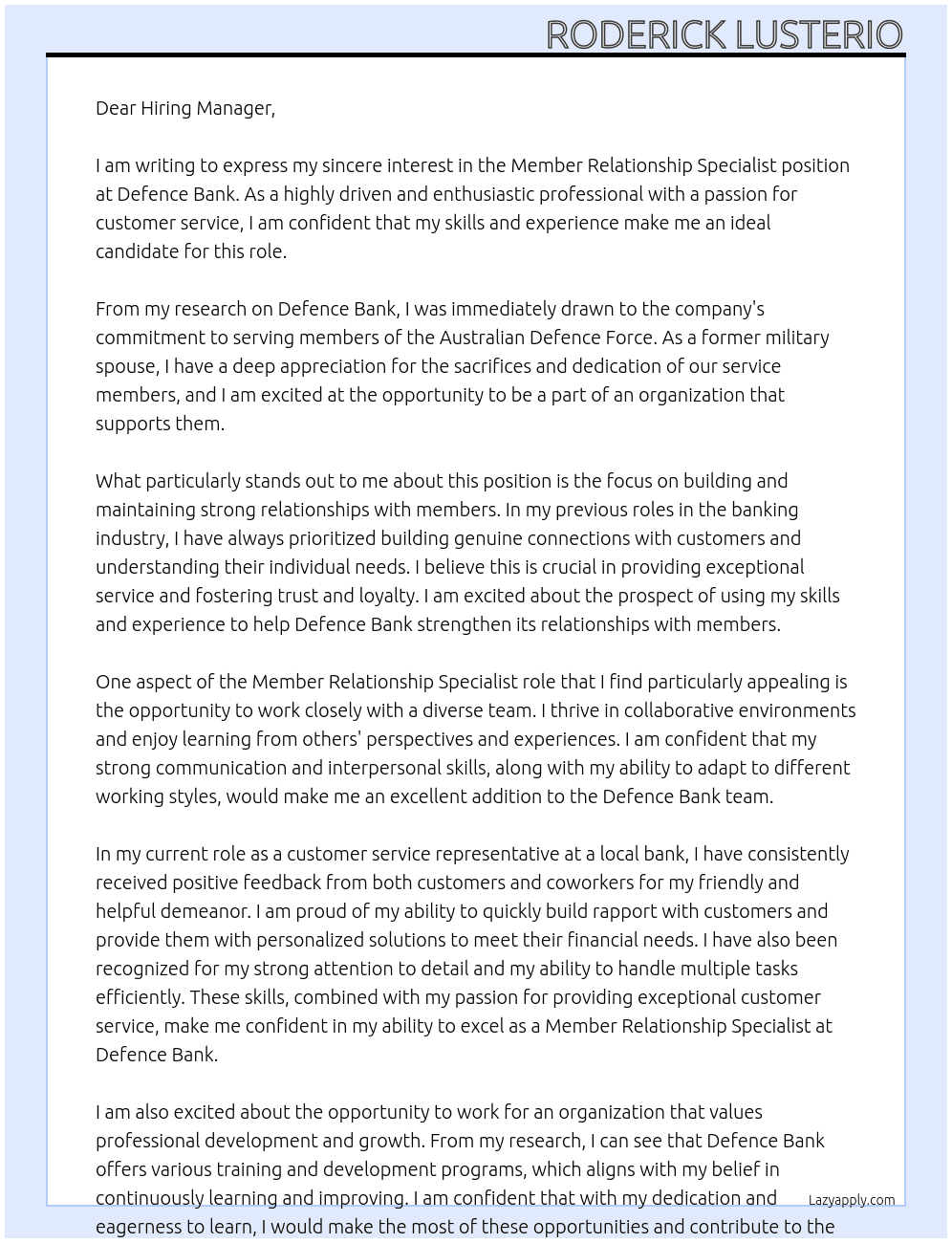 Member Relationship Specialist At Defence Bank Cover Letter