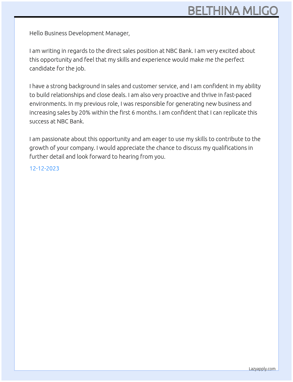 Direct sales At NBC BANK Cover Letter