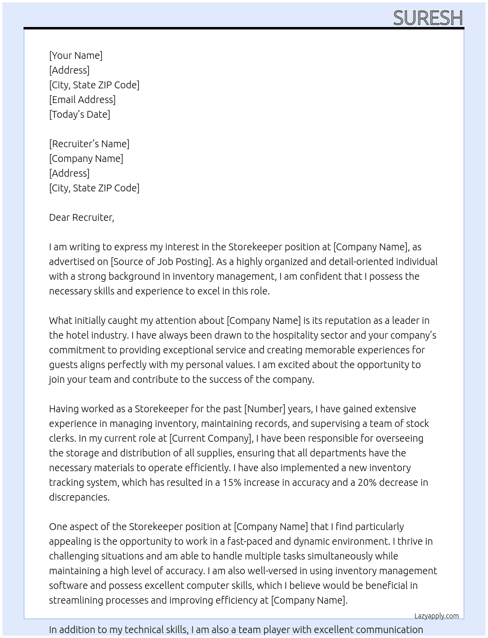 Storekeeper At Hotel Industry Cover Letter