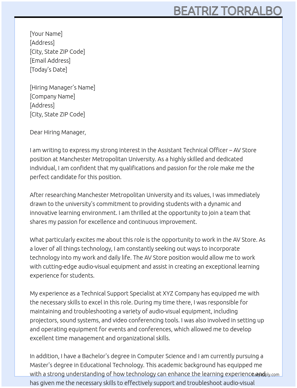 Assistant Technical Officer – AV Store At manchester metropolitan University Cover Letter
