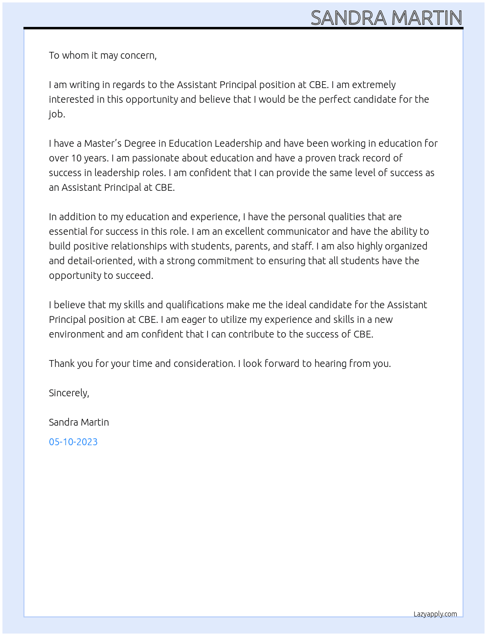 Assistant Principal At CBE Cover Letter