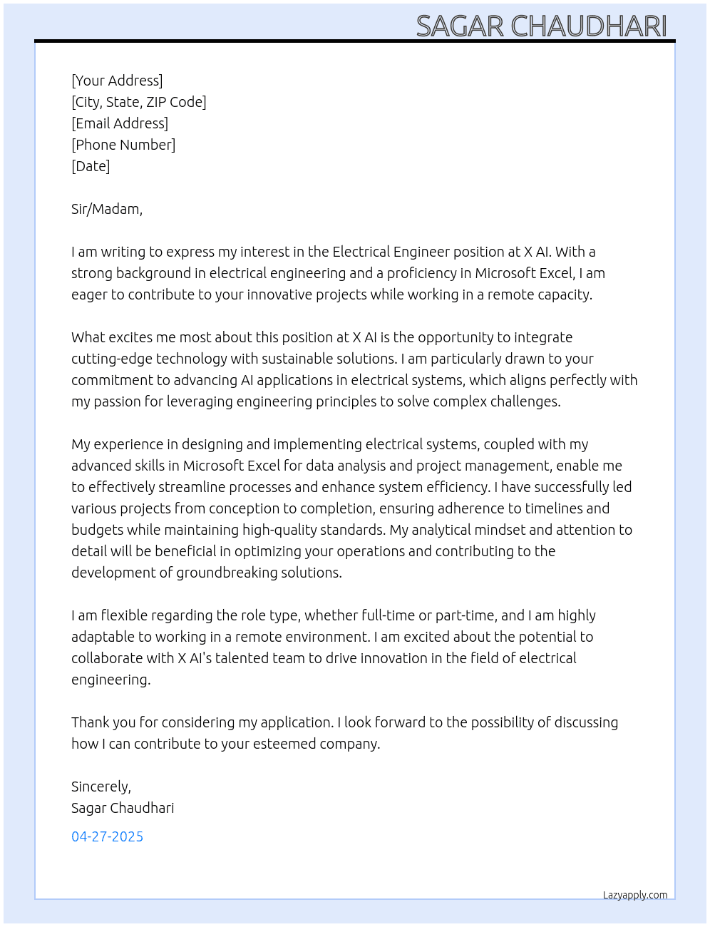 Electrical Engineer  At X AI Cover Letter