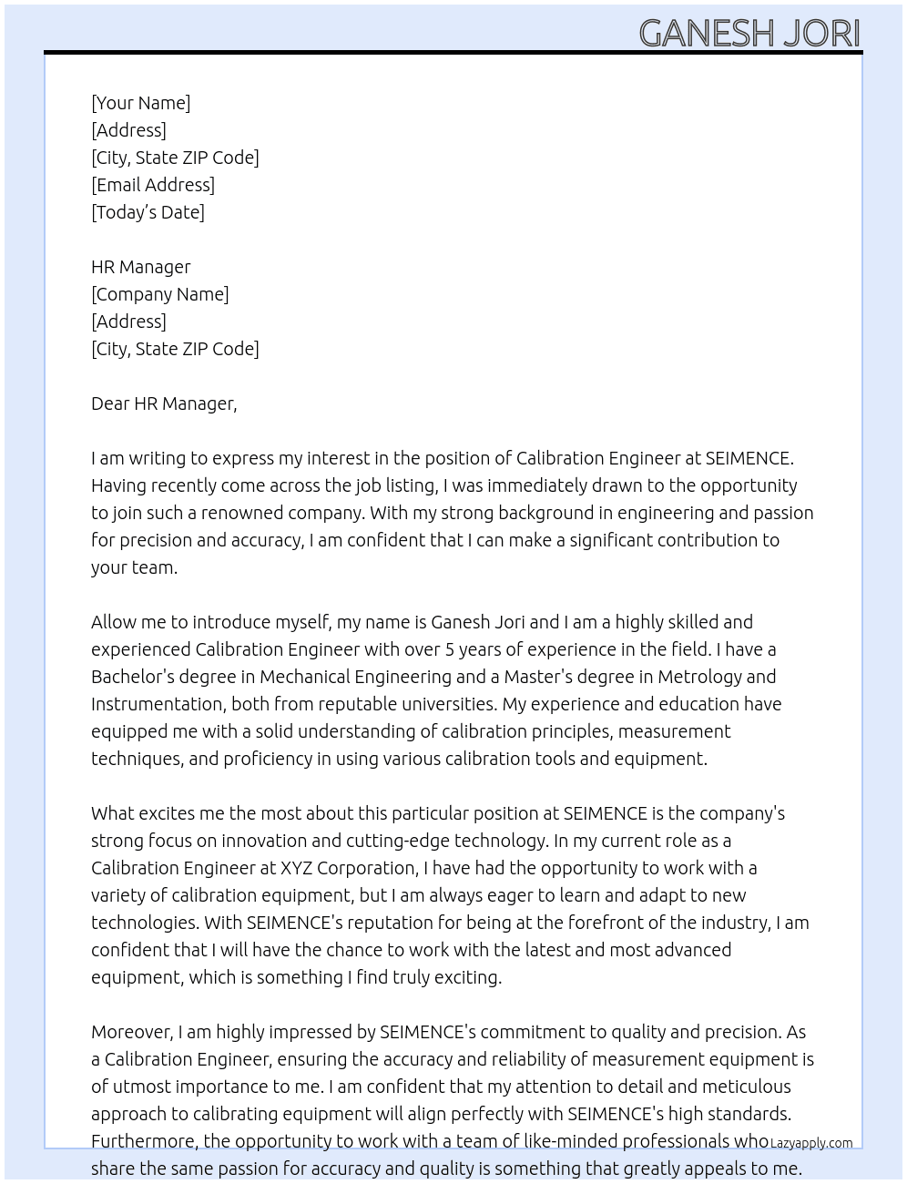 CALIBRATION ENGINEER At SEIMENCE Cover Letter