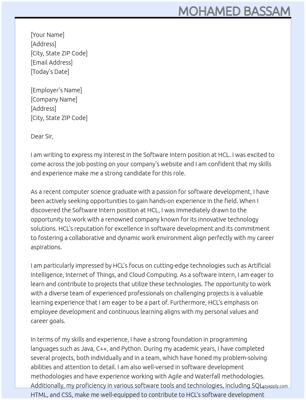 Software intern  At HCL Cover Letter