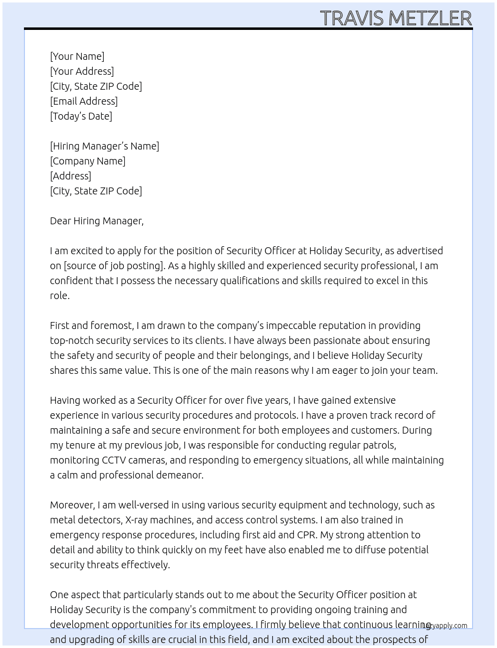 Security officer At Holiday security Cover Letter