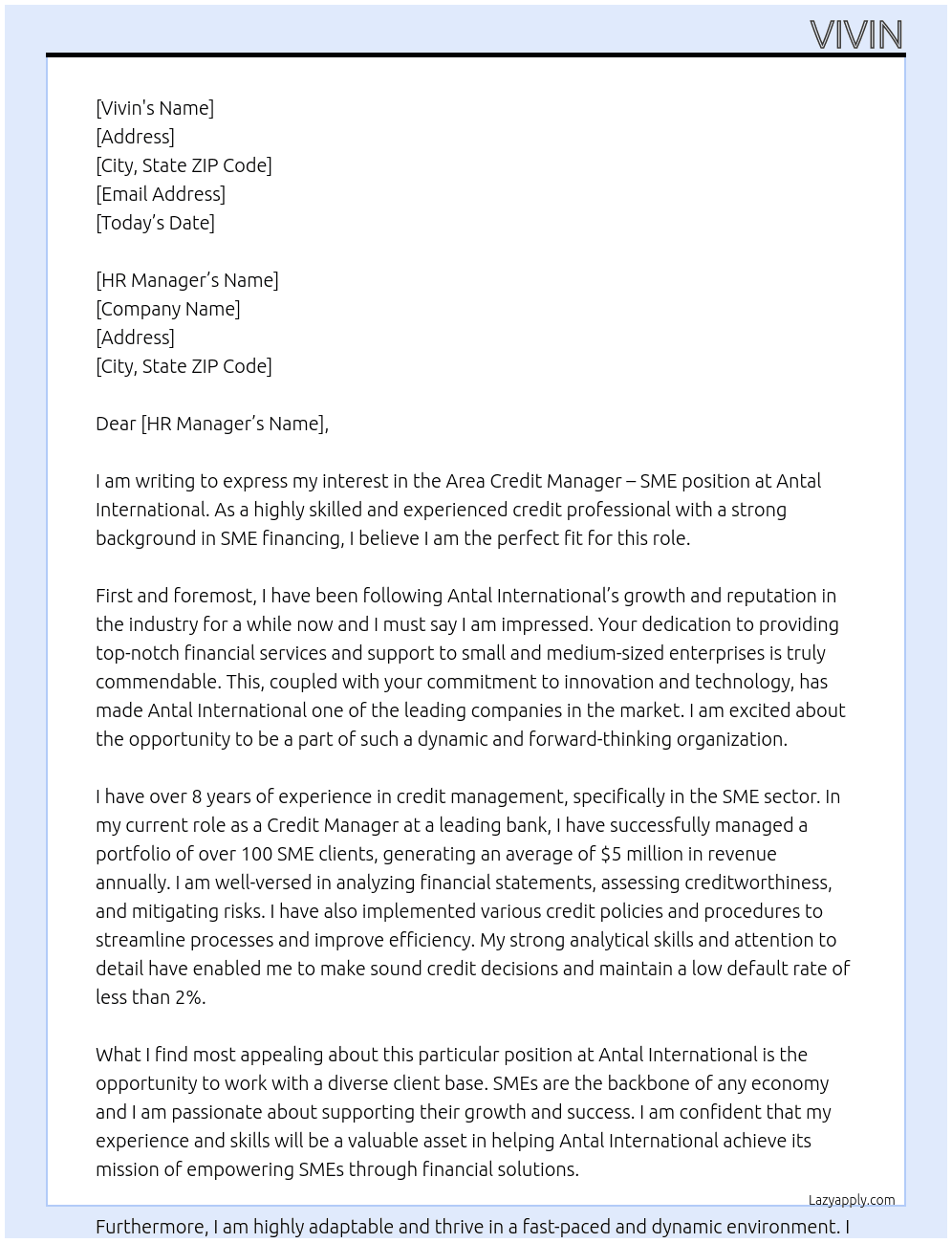 Area Credit Manager - SME At Antal International Cover Letter