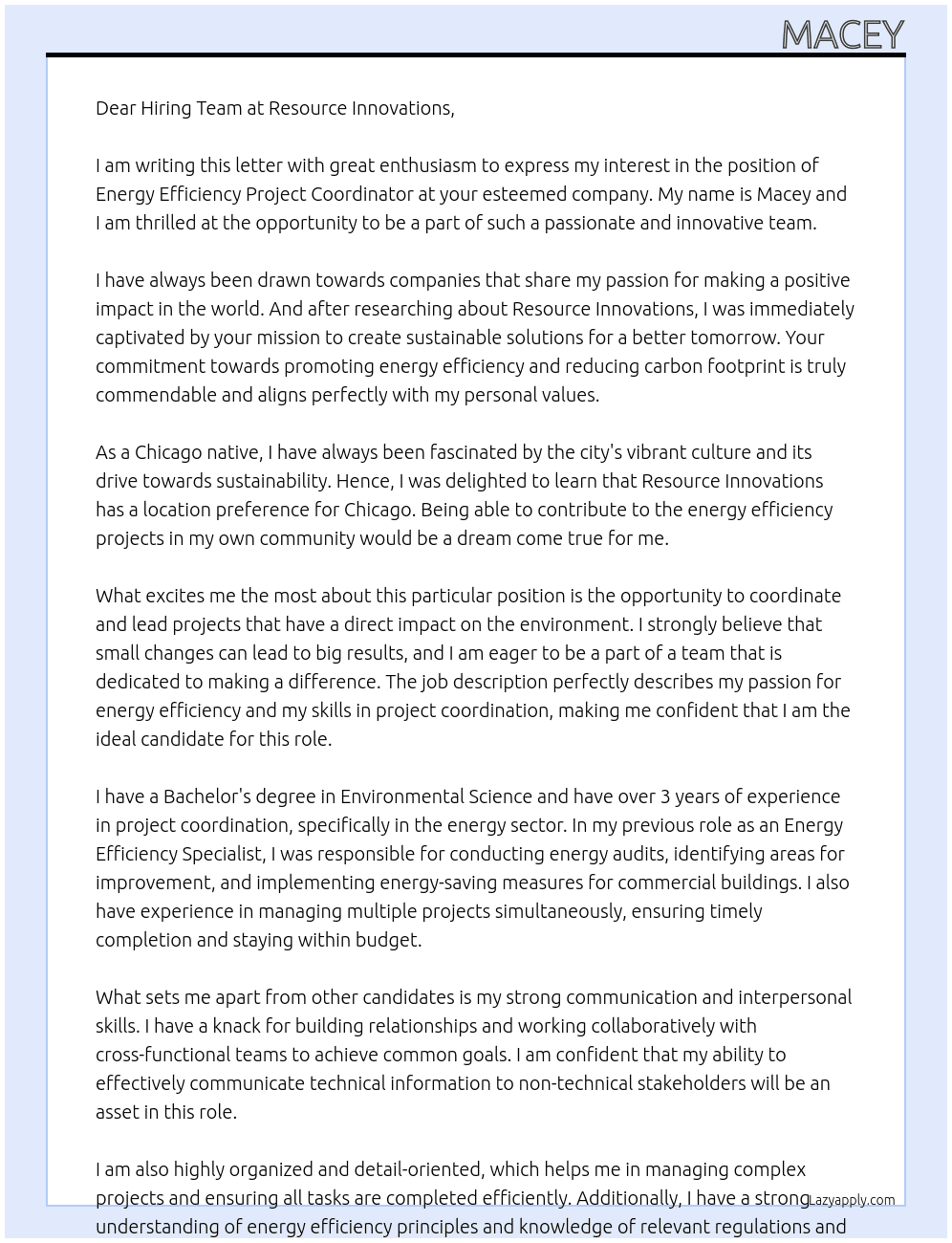 Energy Efficency Project Coordinator At Resource Innovations Cover Letter