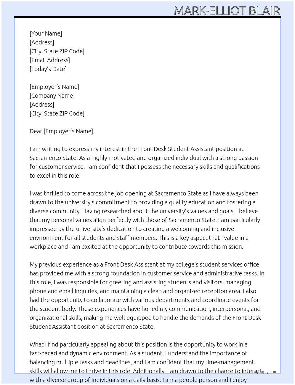 Front Desk Student Assistant At Sacramento State  Cover Letter