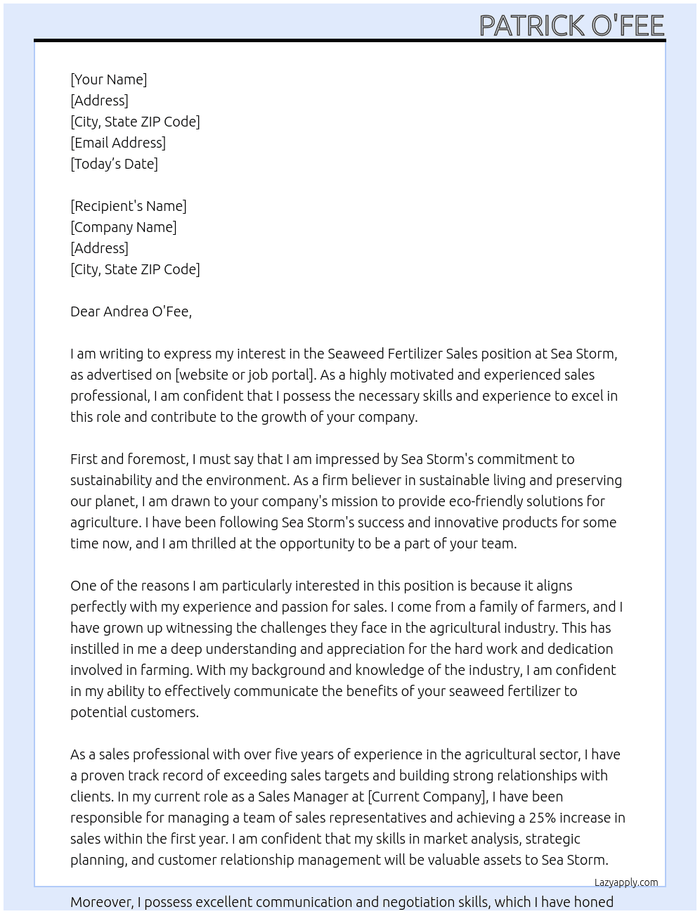 Seaweed ferilizer sales At sea storm Cover Letter