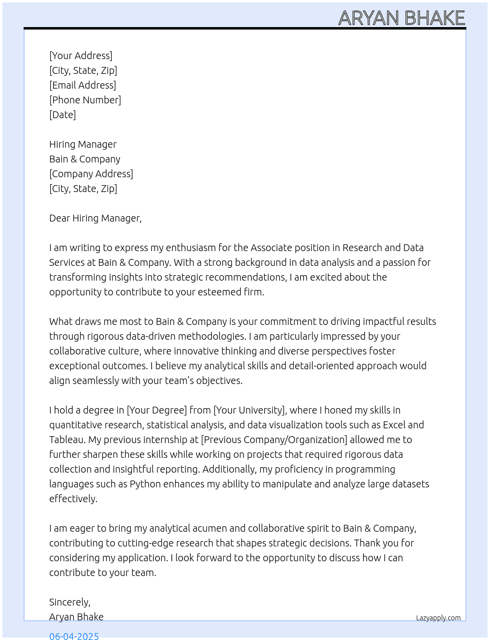 Associate, Research and Data Services At Bain and co Cover Letter