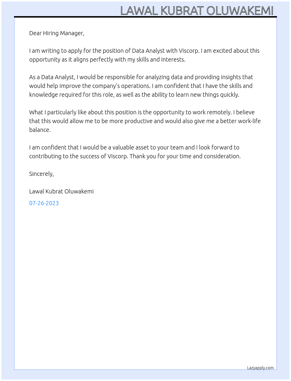Data analyst At Viscorp Cover Letter