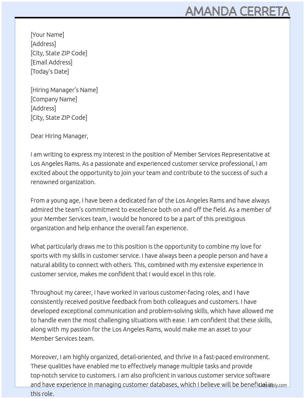 Member Services Respresentative At Los Angeles Rams Cover Letter