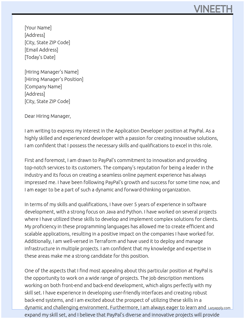 Application Developer At Paypal Cover Letter