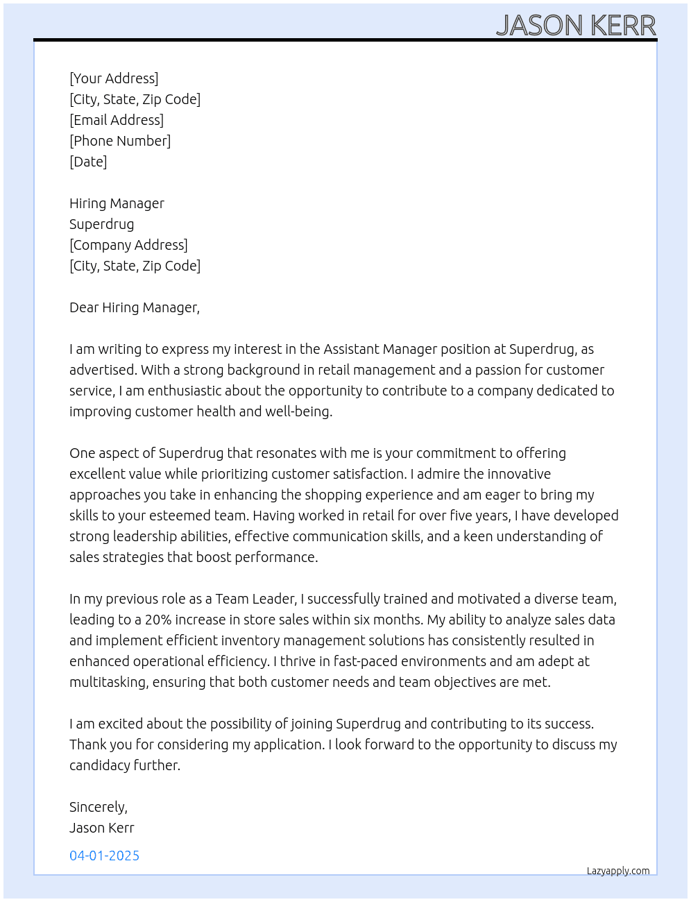 Assistant Manager  At Superdrug  Cover Letter