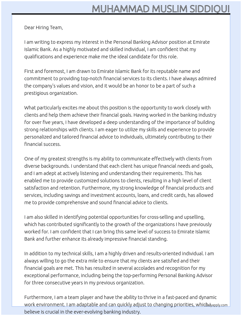 Personal Banking Advisor At Emirate Islamic Bank Cover Letter