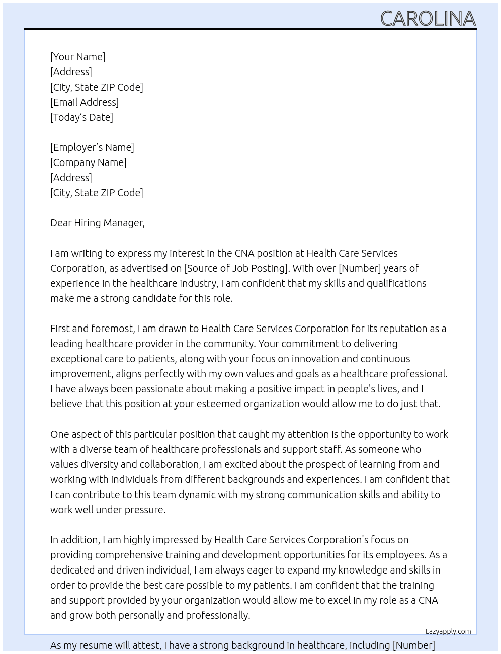 CNA At Health Care Services Corporation Cover Letter