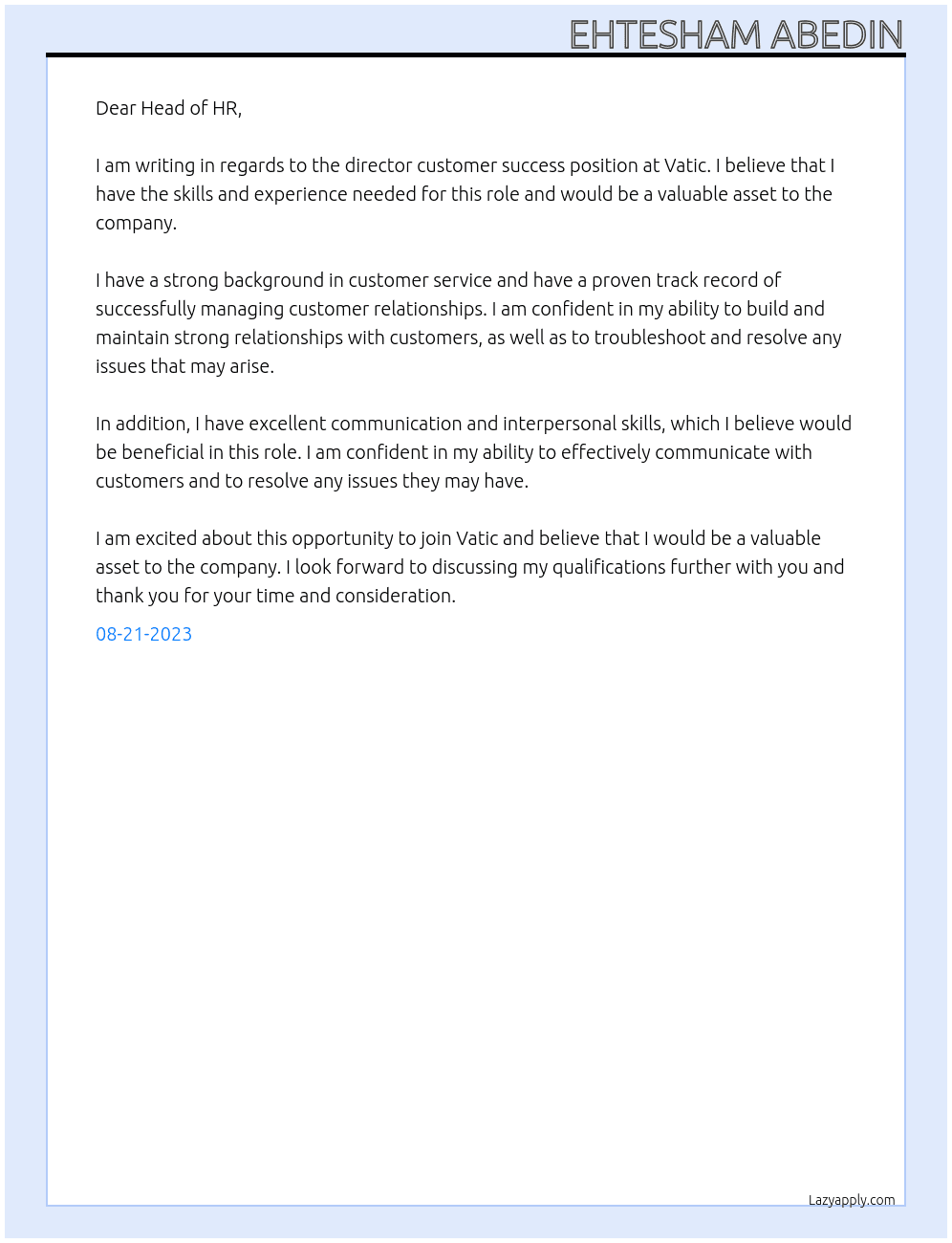 director customer success At Vatic Cover Letter