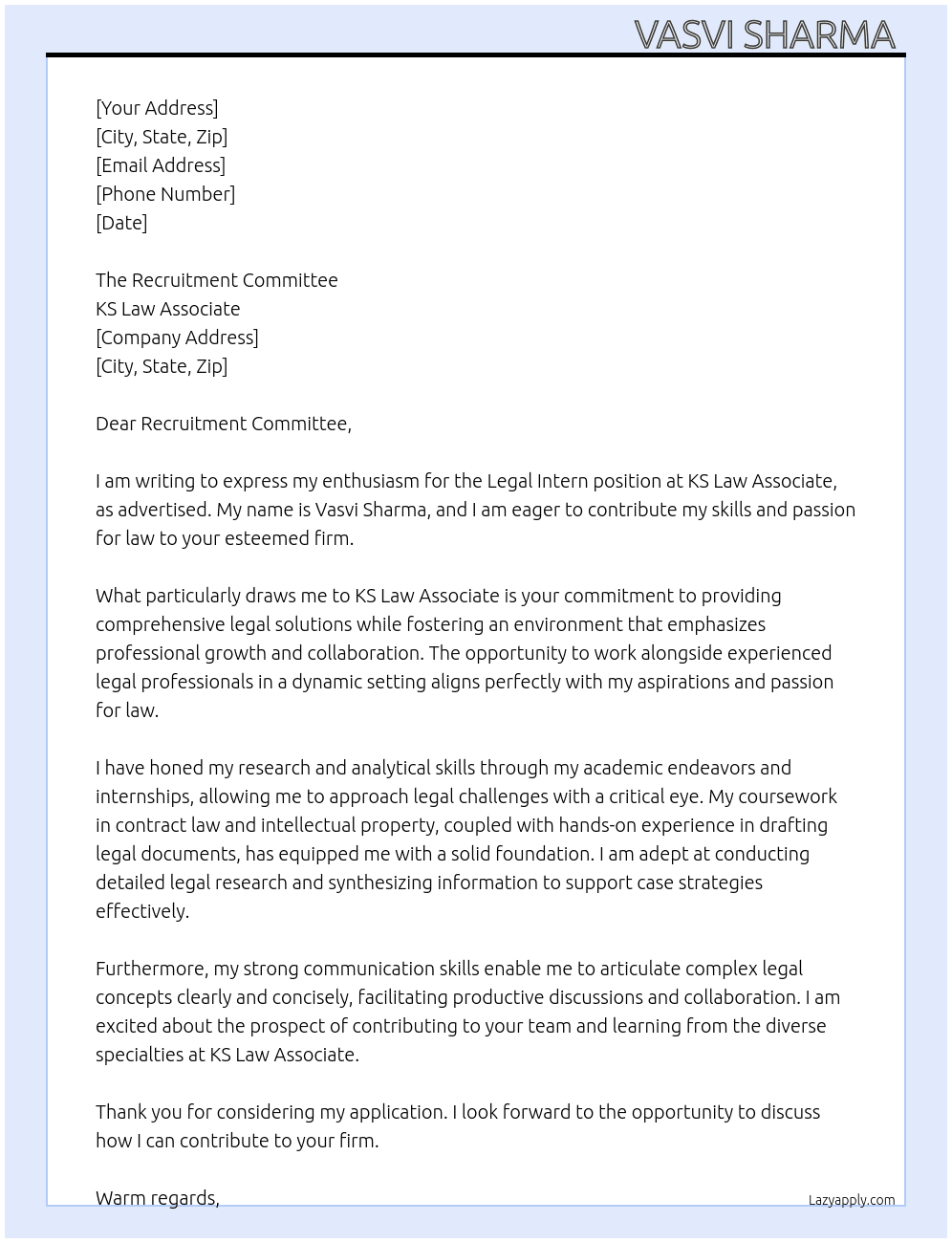 Legal intern At KS Law Associate  Cover Letter
