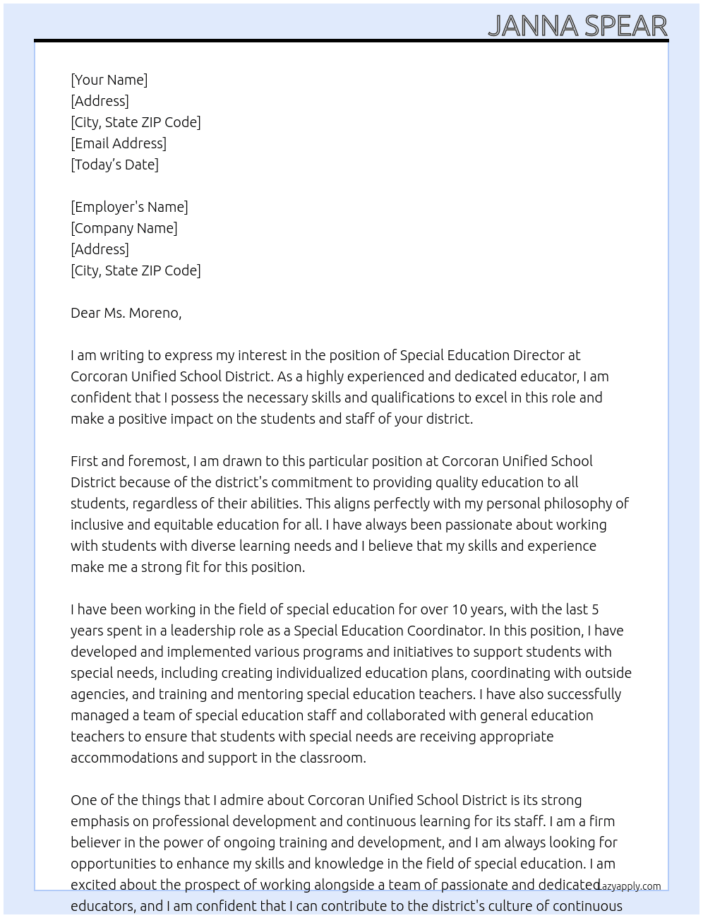 Special Education Director  At Corcoran Unified School District Cover Letter