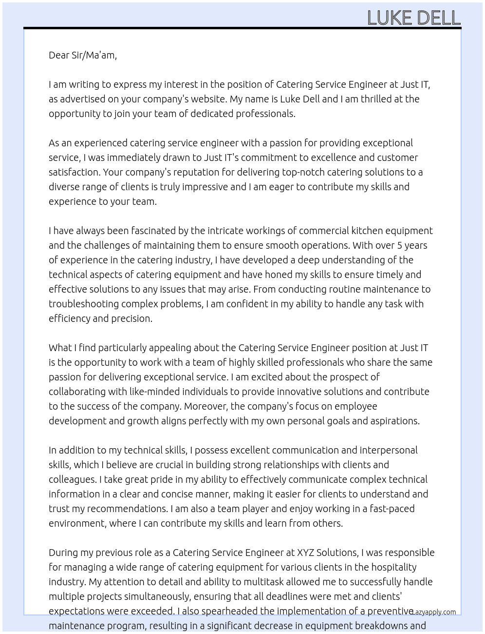 catering service engineer  At Just IT Cover Letter