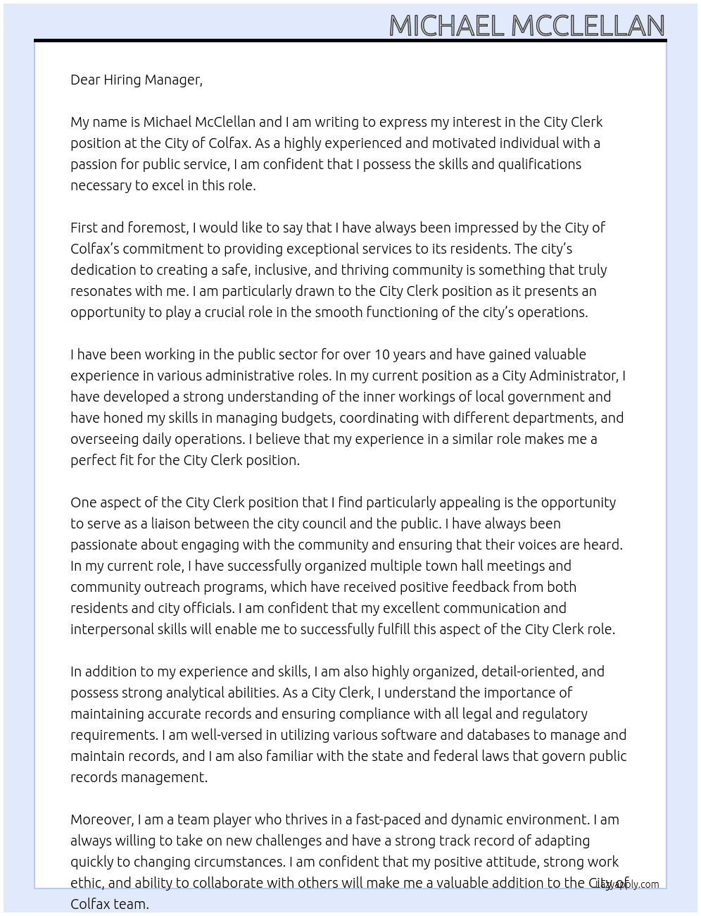 City Clerk At City of Colfax Cover Letter