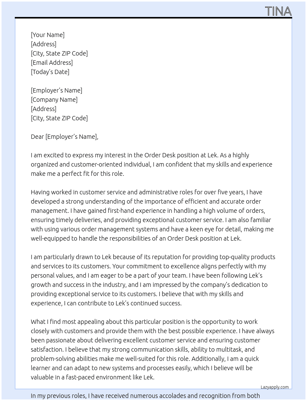 order desk At Lek Cover Letter