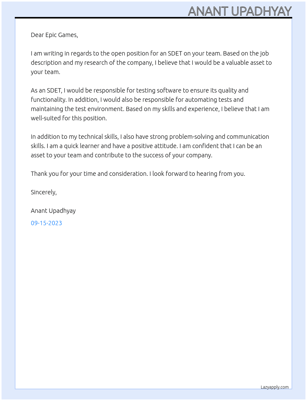 SDET At Epic Games Cover Letter