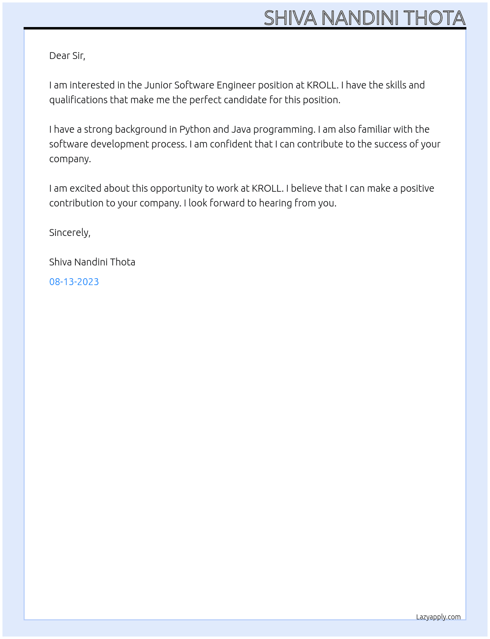 Junior Software engineer At KROLL Cover Letter
